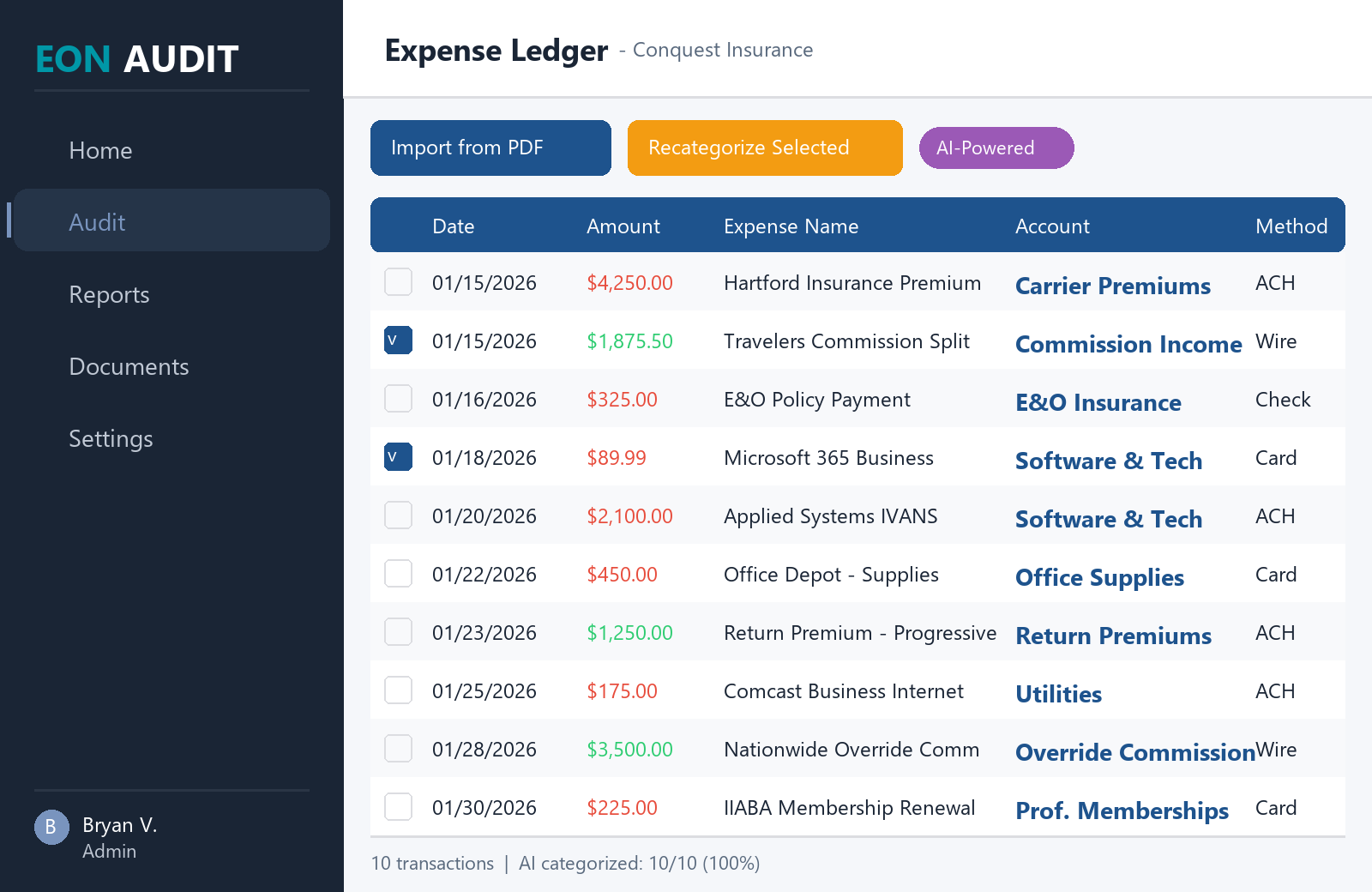 EON Financials Local AI transaction categorization showing expense ledger with expense categories automatically assigned by Local AI