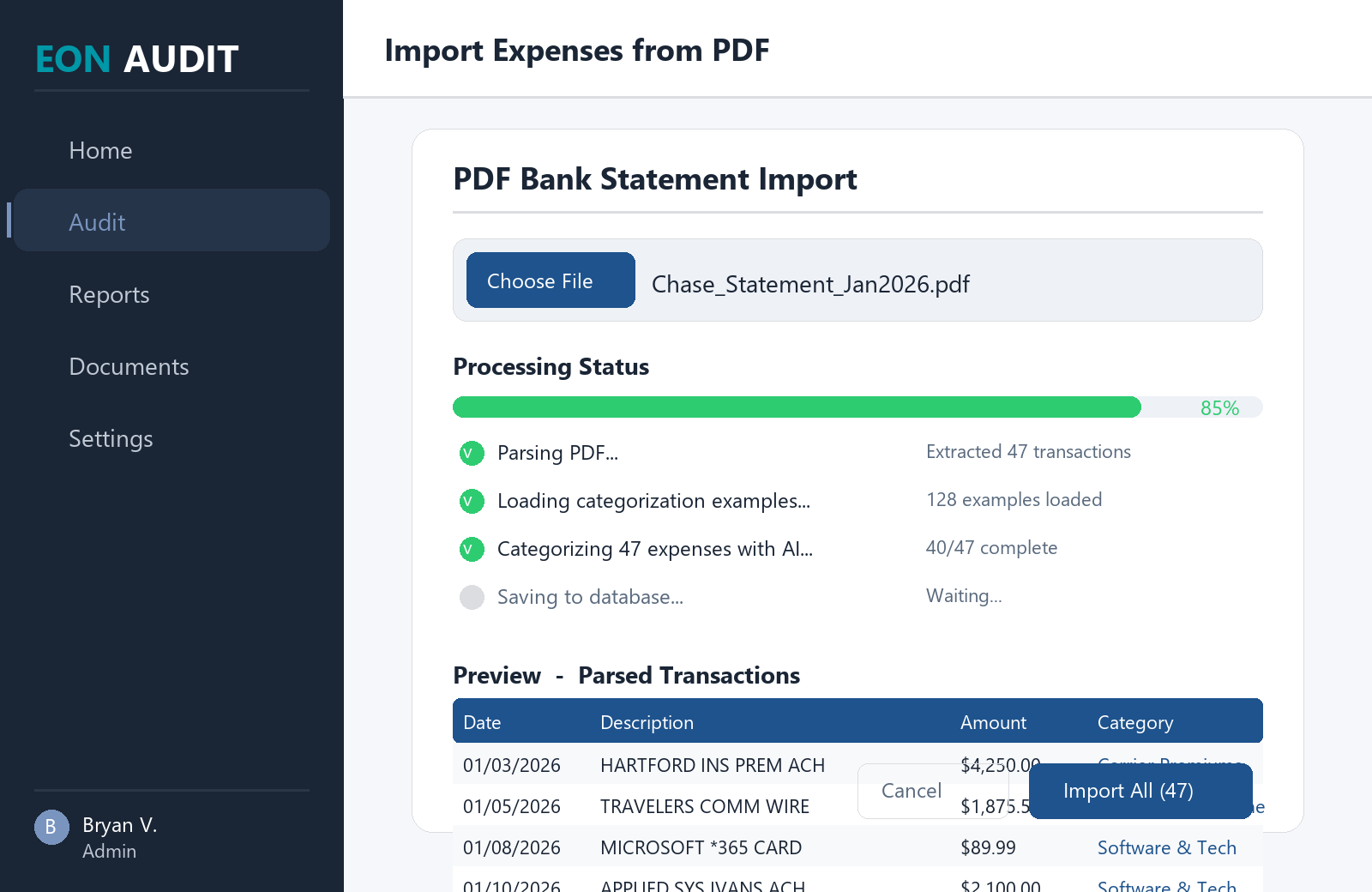EON Financials PDF bank statement import showing file upload, Local AI processing progress, and parsed transaction preview